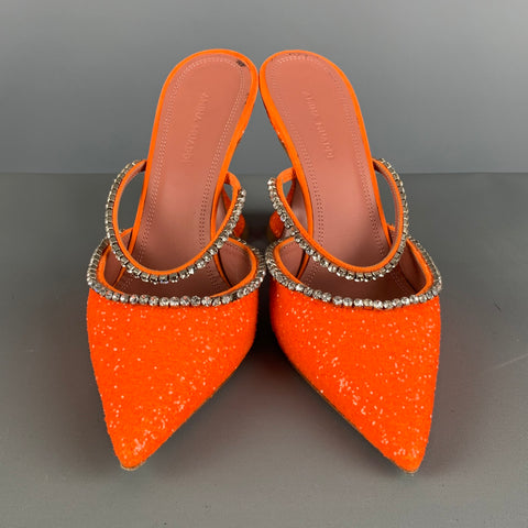 AMINA MUADDI Zapatos de tacón tipo mulas con purpurina plateada naranja talla 8