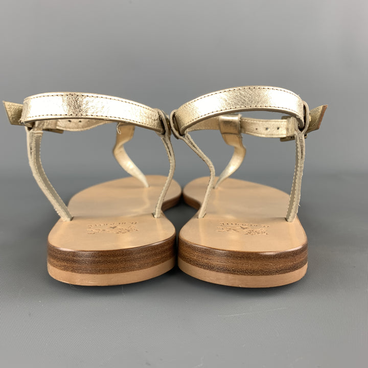 IL BISONTE Size 7 Champagne Gold Leather VERSILLA T-strap Thong Sandals