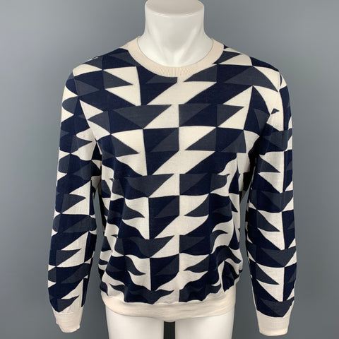 PS by PAUL SMITH Size L Off White &  Navy Geometric Cotton Crew-Neck Pullover