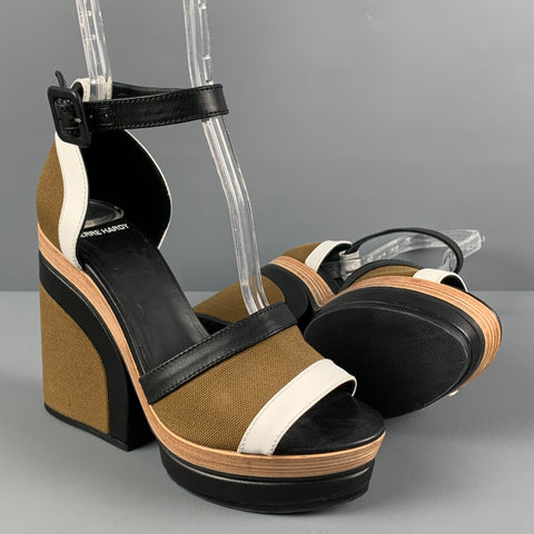 PIERRE HARDY Size 7 Black Olive Canvas Color Block Chunky Heel Sandals