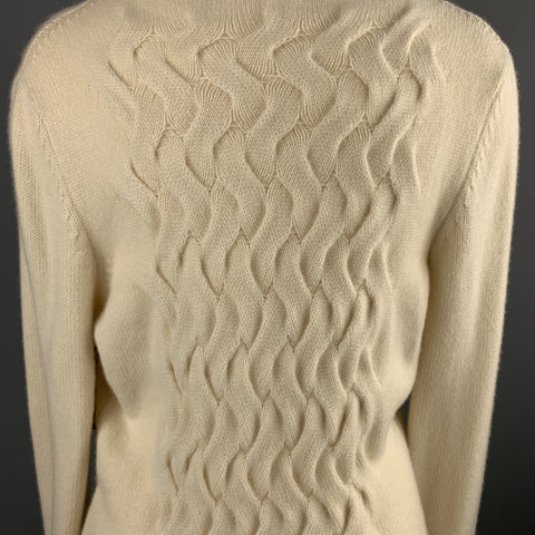 ESCADA Size M Cream CashmereV Neck Cable Knit Panel Zip Cardigan