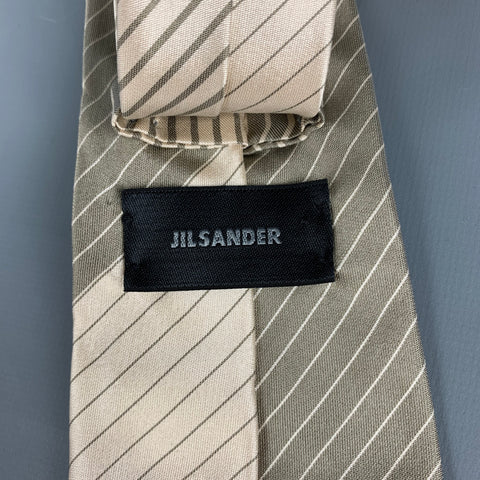 JIL SANDER Size Beige Grey Diagonal Stripe Silk Satin Tie