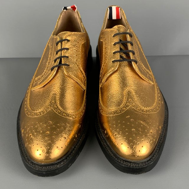 THOM BROWNE Size 10 Gold Perforated Leather Wingtip Lace Up Shoes