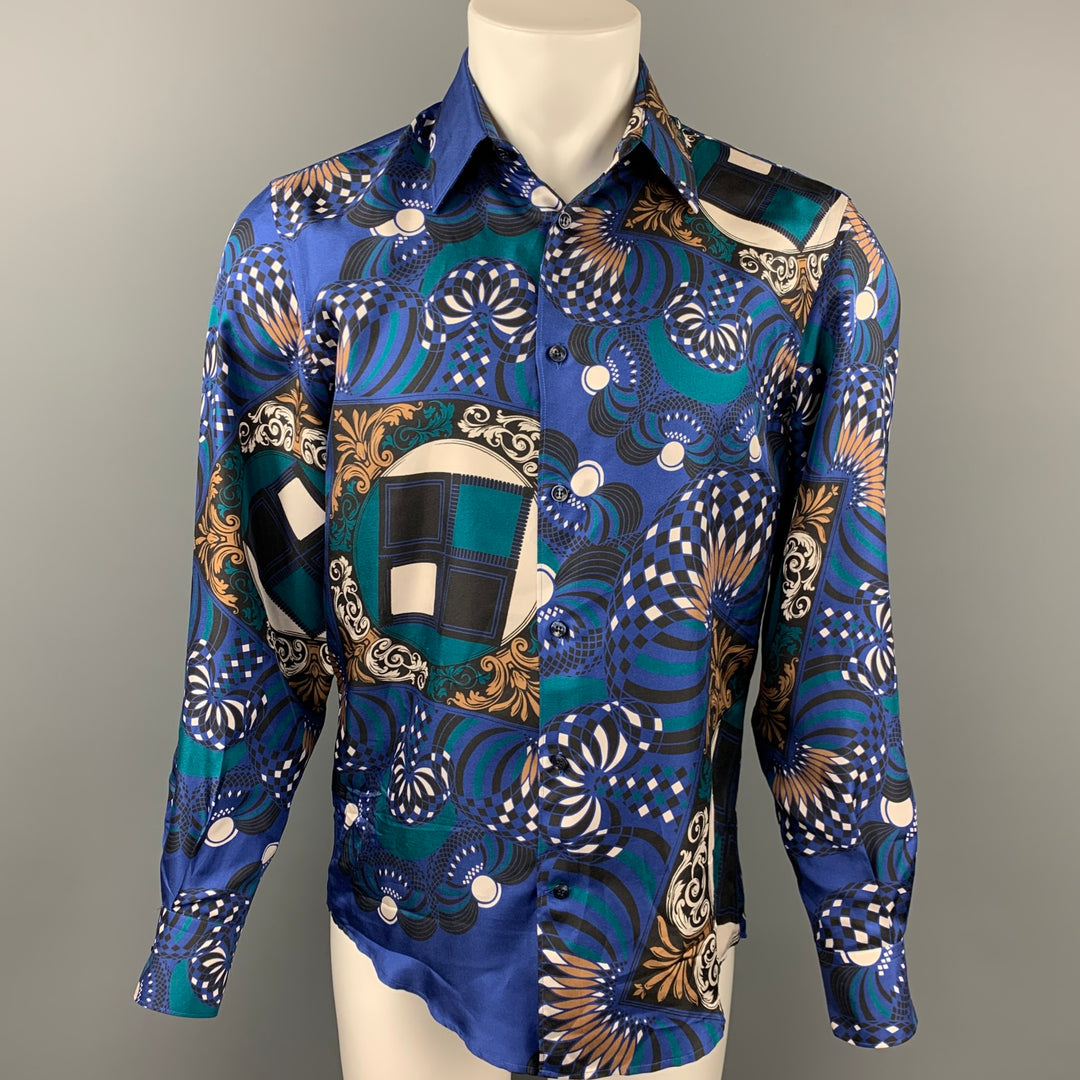 VERSACE COLLECTION Size M Blue Print Silk Button Up Long Sleeve Shirt