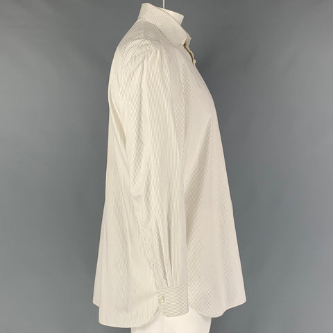 BORRELLI Size L White Stripe Cotton Button Up  Long Sleeve Shirt