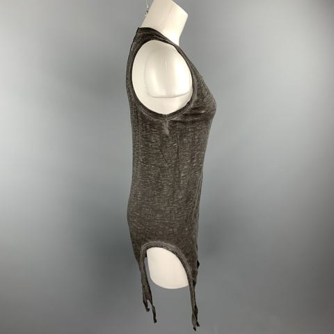 ISAAC SELLAM Size 0 Grey Distressed Cotton Leather Trim Tank Top