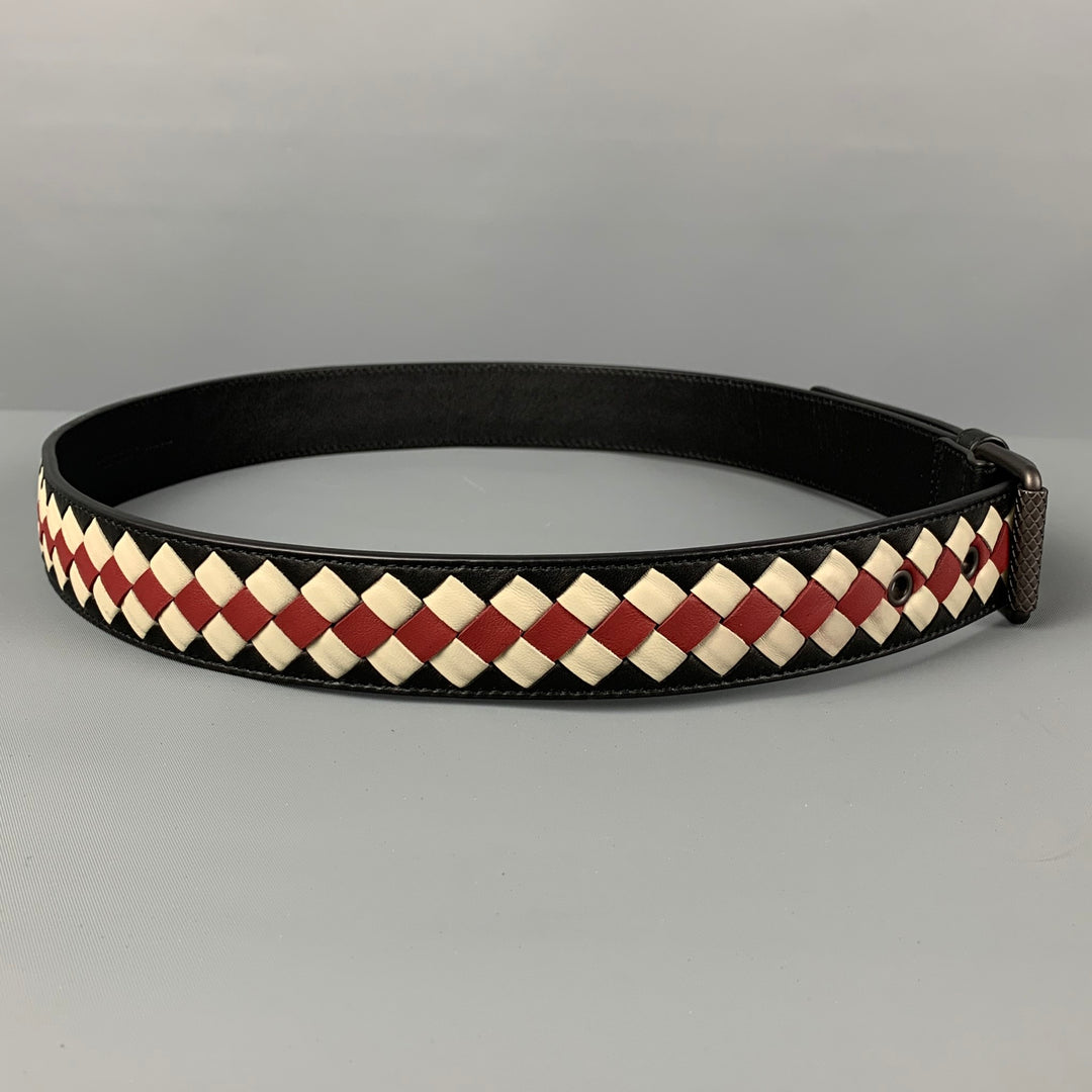 BOTTEGA VENETA Size 34 Black Red White Woven Leather Belt  display picture 3