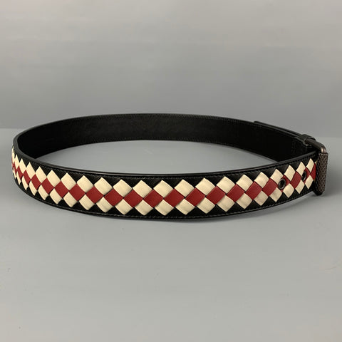 BOTTEGA VENETA Size 34 Black Red White Woven Leather Belt