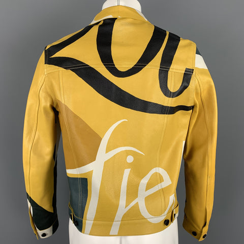 BURBERRY PRORSUM Spring 2015 Size 38 Antique Yellow Book Cover Print Leather Buttoned Jacket
