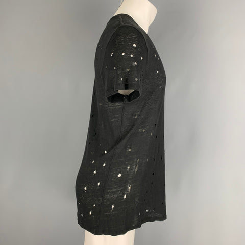 IRO Size S Black Distressed Linen Crew-Neck T-shirt