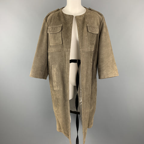 PRADA Size S Olive Green Textured Sueded Leather Alligator Belt Military Coat