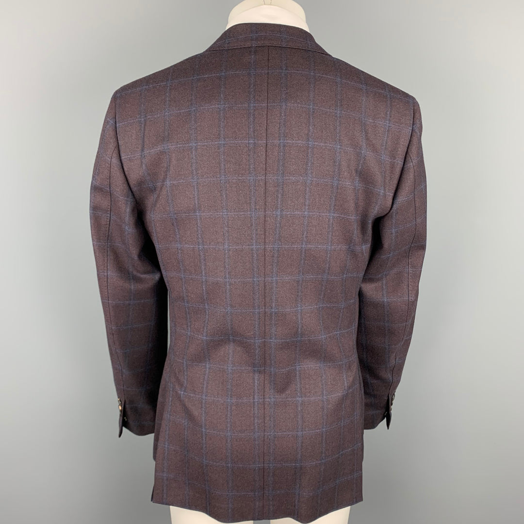 LUCIANO BARBERA Size 40 Brown & Navy Window Pane Wool Custom Sport Coat
