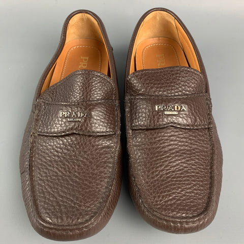 PRADA Size 7 Brown Textured Leather Drivers Loafers
