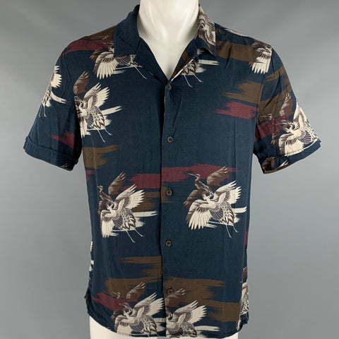 PAIGE Taille M Chemise à manches courtes en rayonne oiseaux multicolores marine