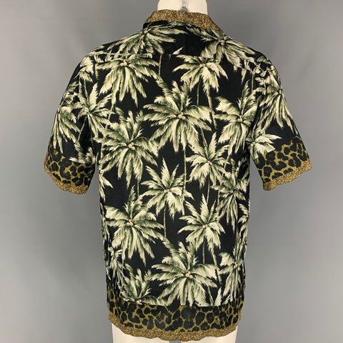 DRIES VAN NOTEN Size 40 Black Olive Print Viscose Short Sleeve Shirt