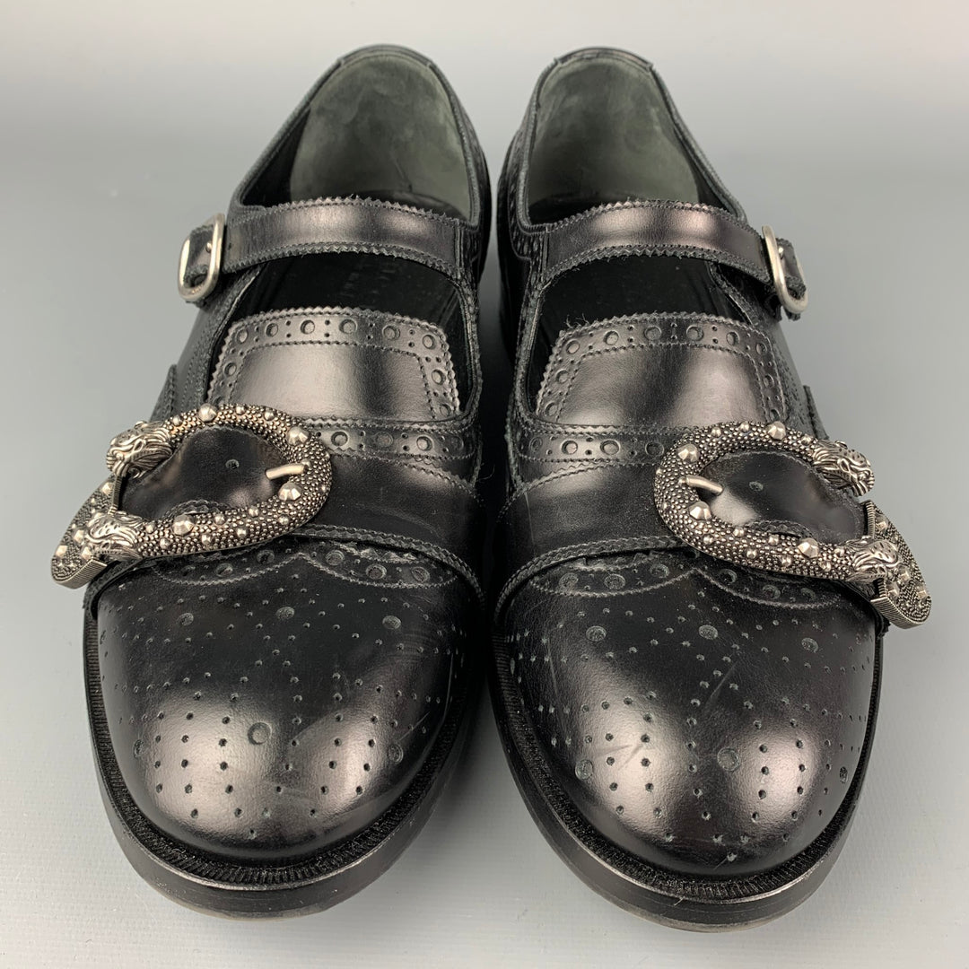 GUCCI Size 9 Black Perforated Leather Tiger's Head Buckle Loafers