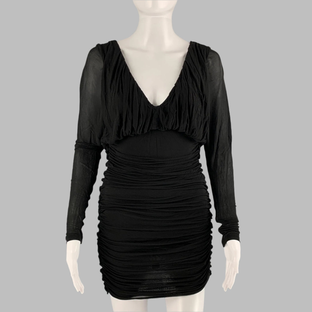 SAINT LAURENT Size 2 Black Cupro Ruched Long Sleeve Mini Cocktail Dres Sui Generis Designer Consignment SAINT LAURENT Size 2 Black Cupro Ruched Long Sleeve Mini Cocktail Dres Sui Generis Designer Consignment