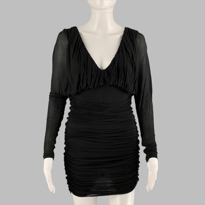 SAINT LAURENT Size 2 Black Cupro Ruched Long Sleeve Mini Cocktail Dress