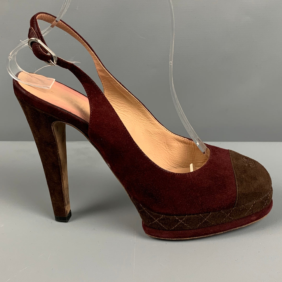 CHANEL Size 7.5 Burgundy Brown Suede Slingback Pumps