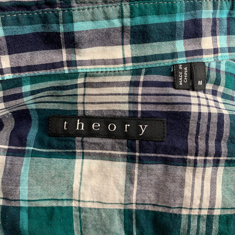 THEORY Size M Green & Navy Plaid Cotton Button Down Long Sleeve Shirt