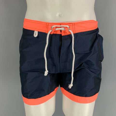 CUISSE DE GRENOUILLE Size S Navy & Neon Orange Two Toned Polyester Swim Trunks
