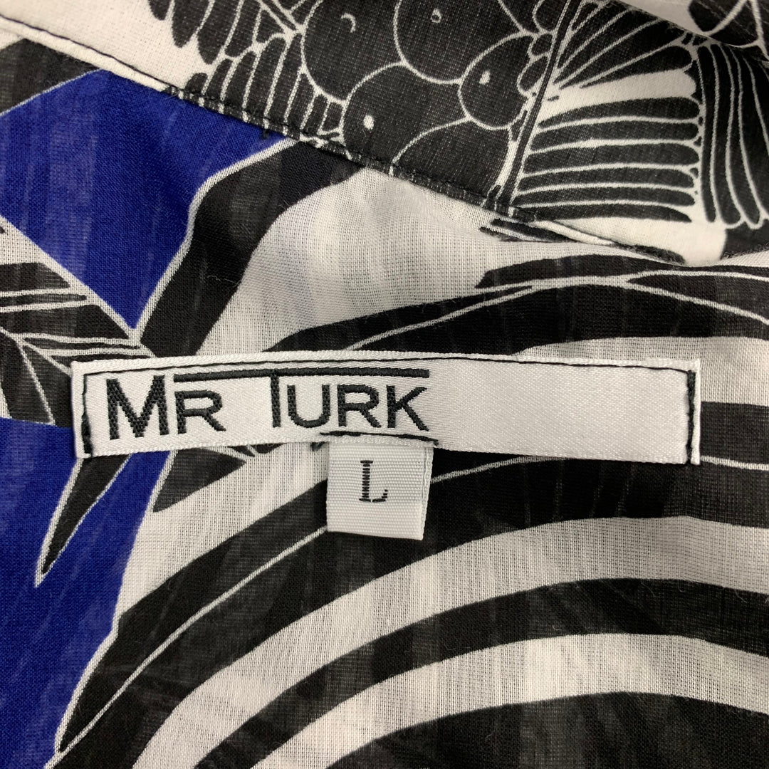 MR TURK Size L Black & Blue Print Cotton Button Up Short Sleeve Shirt