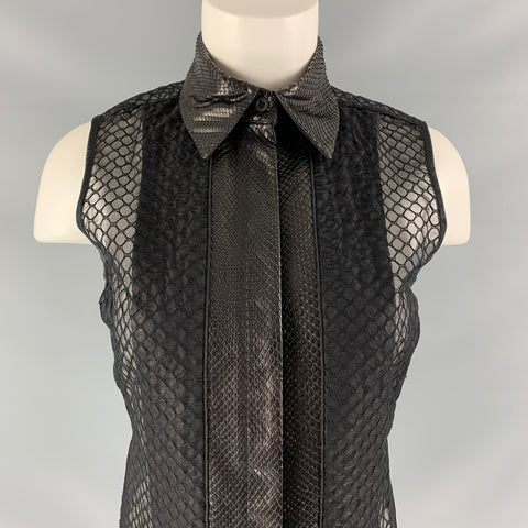 REED KRAKOFF Size 2 Black Silk &  Cotton Snake Skin Mixed Fabrics Blouse