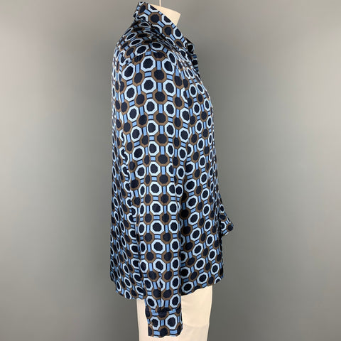 MICHAEL KORS Size XL Blue & Brown Print Silk Button Up Long Sleeve Shirt