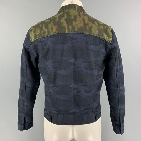 DRIES VAN NOTEN Size M Navy Green Cotton Camo Print Trucker Jacket