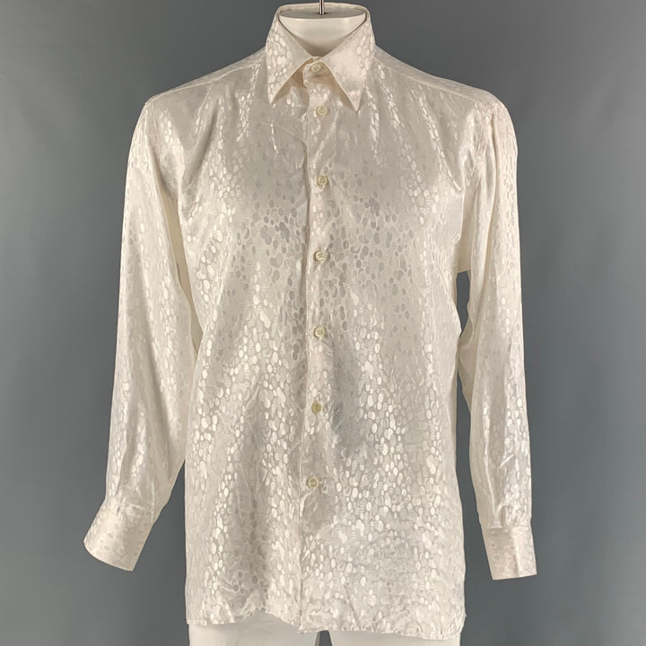 GIANNI VIERA Size L White Dots Jacquard Silk Long Sleeve Shirt