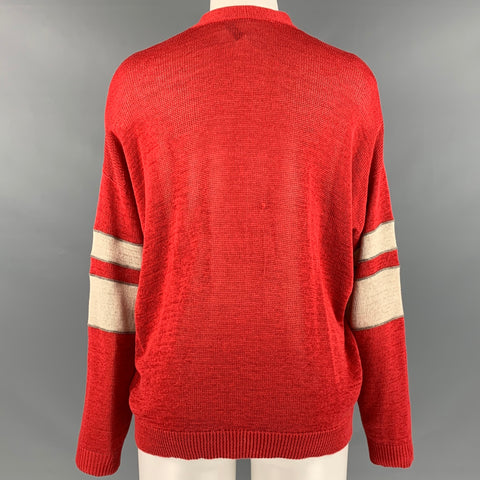 BRUNELLO CUCINELLI Size S Red White Cotton Stripe V Neck Cardigan