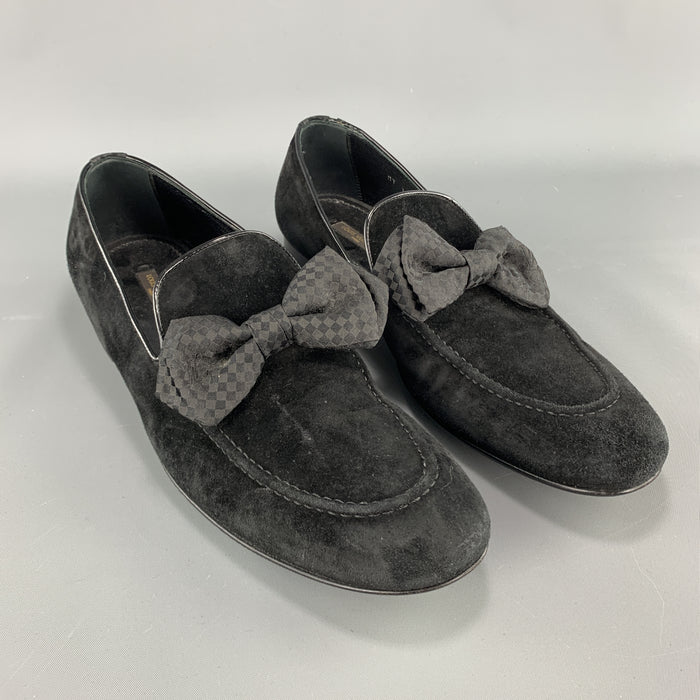 LOUIS VUITTON Size 9 Black Suede Slip On Bow Loafers