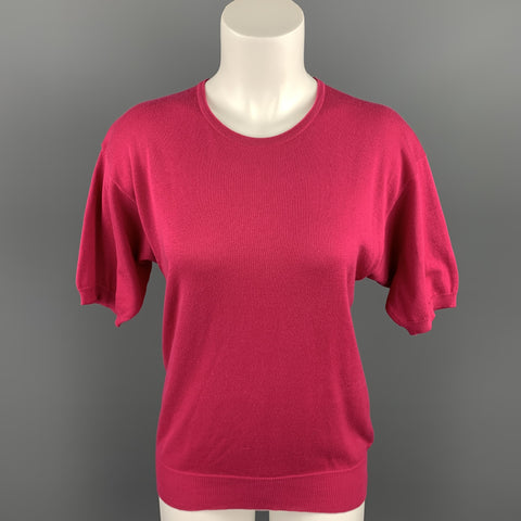 YVES SAINT LAURENT Rive Gauche Size M Fuchsia Cotton Short Sleeve Sweater