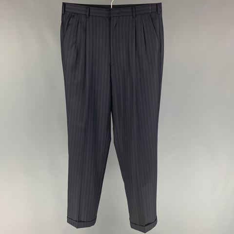 GIVENCHY Talla 30 Pantalón de vestir plisado a rayas azul marino