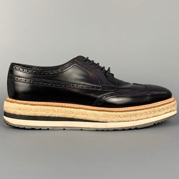 PRADA Size 10 Black Perforated Leather Platform Lace Up Shoes