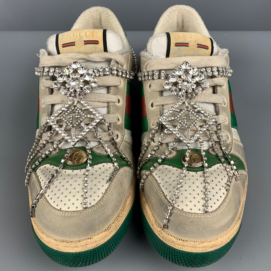 GUCCI Size 8 Off White Distressed Leather Lace Up Crystal Screener Sneakers