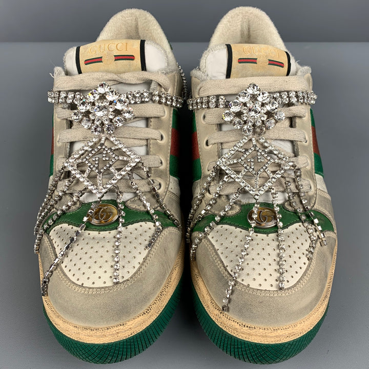 GUCCI Size 8 Off White Distressed Leather Lace Up Crystal Screener Sneakers