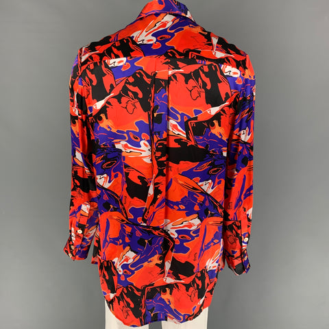 NECESSITY SENSE Size XL Orange Multi-Color Print Silk Long Sleeve Shirt
