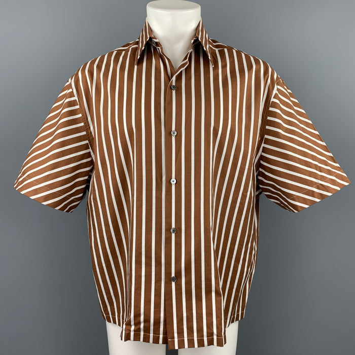 LANVIN Size S Brown & White Stripe Cotton Button Up Short Sleeve Shirt