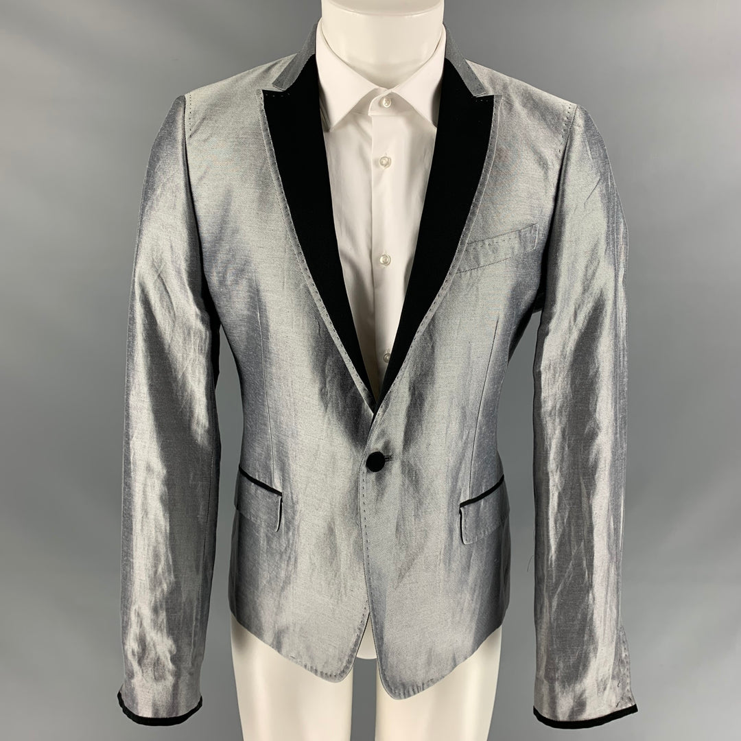 CoSTUME NATIONAL Size 42 Silver & Black Silk / Linen Peak Lapel Sport Coat