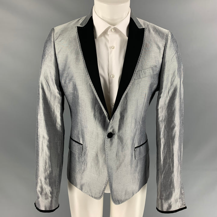 CoSTUME NATIONAL Size 42 Silver & Black Silk / Linen Peak Lapel Sport Coat