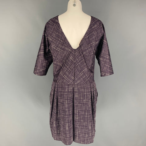 MARNI Size 6 Eggplant White Polyester Plaid 3/4 Sleeves Dress