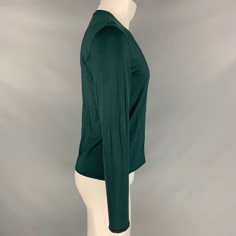 PRADA Taille M Chemise à manches longues à col en V en soie unie et élasthanne vert forêt