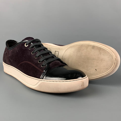 LANVIN Size 10 Eggplant Black White Color Block Suede Cap Toe Sneakers