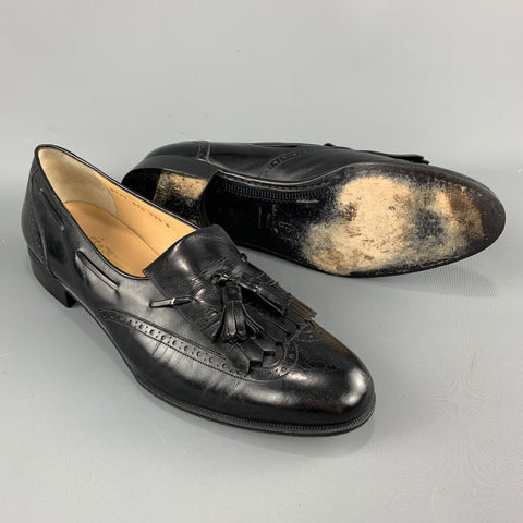 SALVATORE FERRAGAMO Size 11.5 Black Leather Eyelash Tassel Loafers