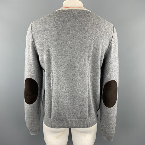 PRADA Taille L Gris Laine Col V Beige Garniture Coude Patch Pull Pull