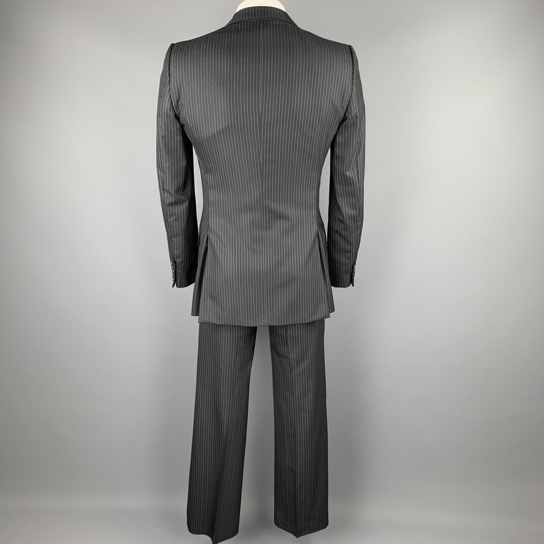 GUCCI 40 Long Black Stripe Wool / Silk Notch Lapel Suit