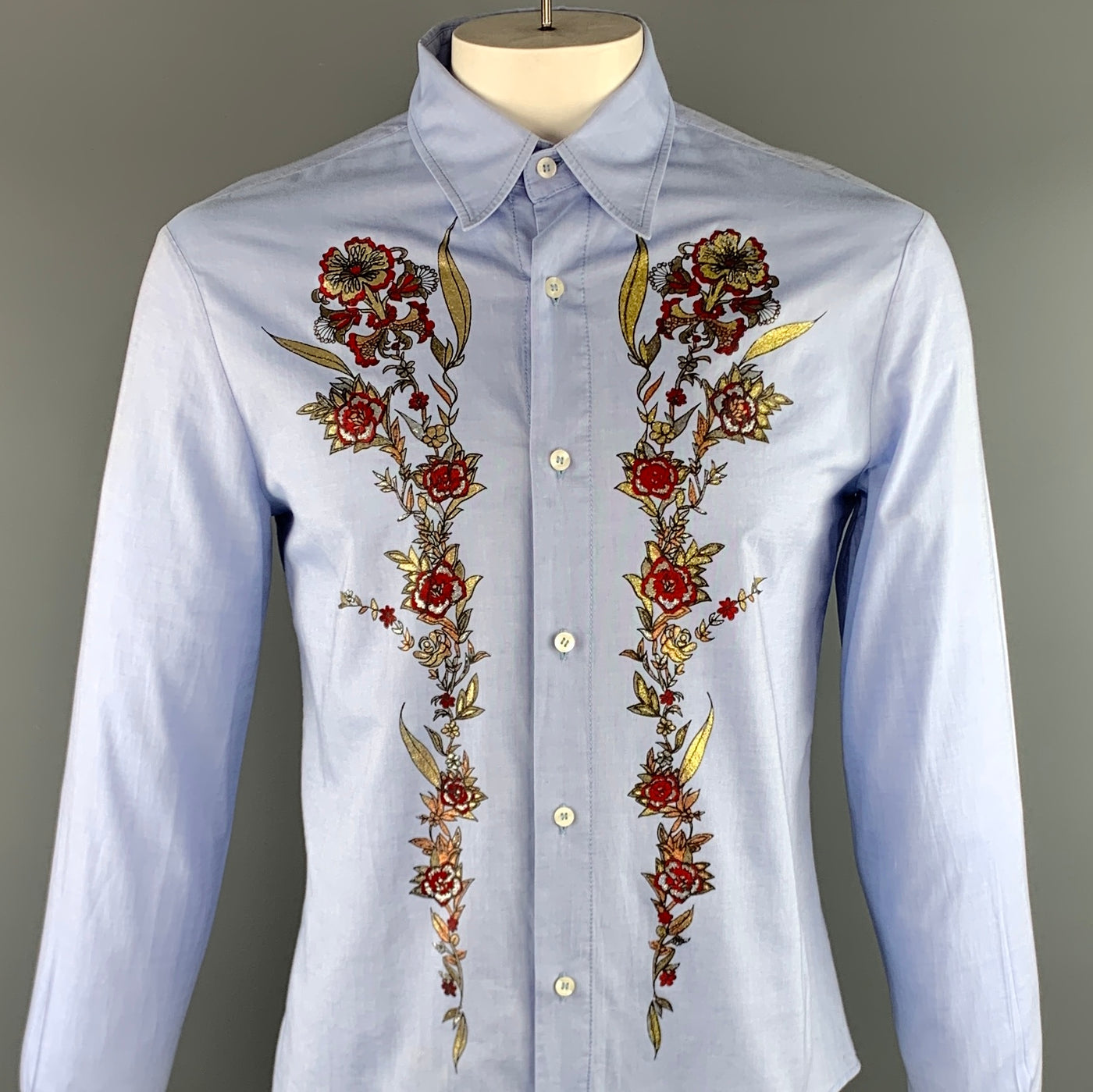 JUST CAVALLI Size XL Light Blue Embellishment Cotton Button Up Long Sleeve Shirt