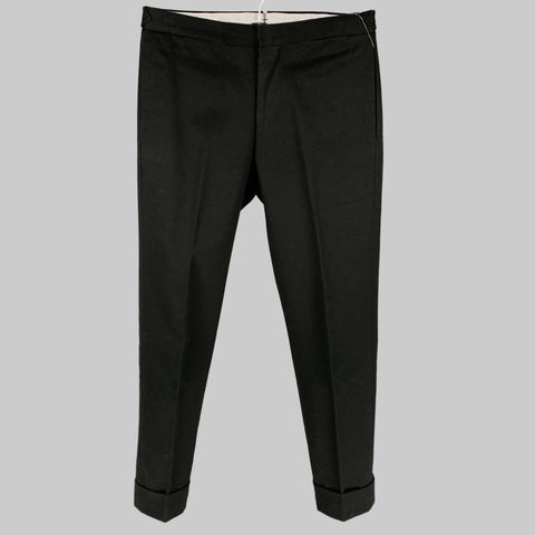 Black cotton casual pants with side tabs and a cuffed leg, displayed on a plain background.