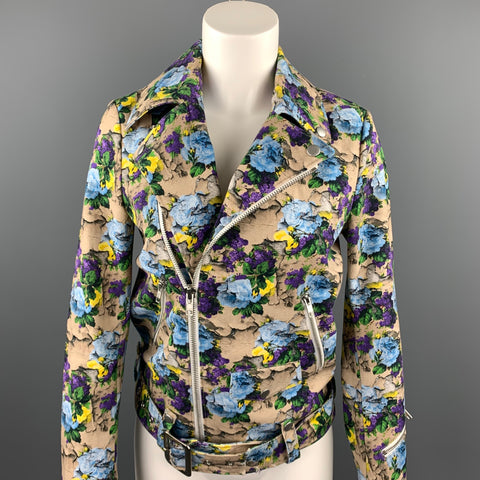 MSGM Size 4 Khaki & Purple Floral Cotton Biker Jacket